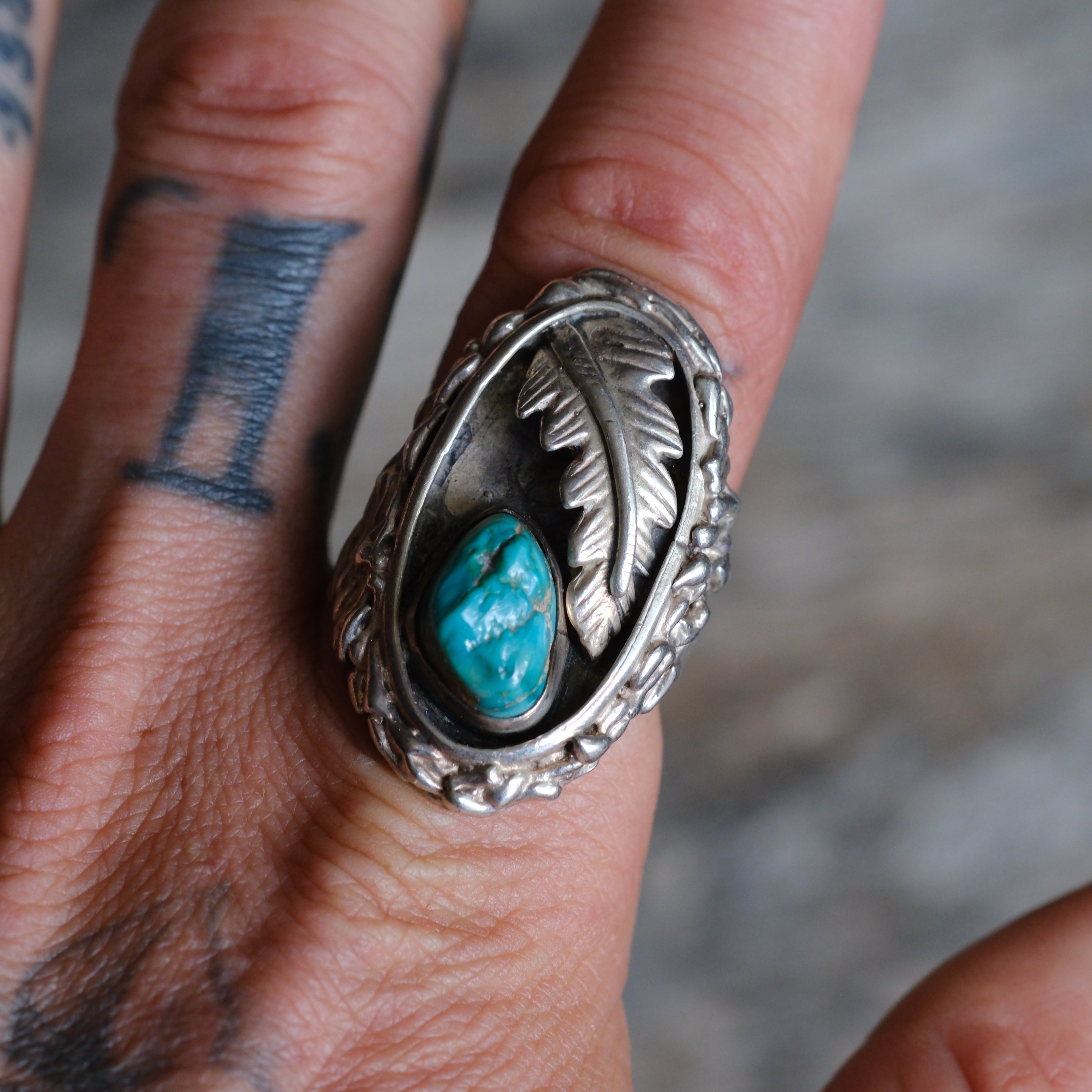 Vintage Sterling Turquoise Feather Ring 10.25