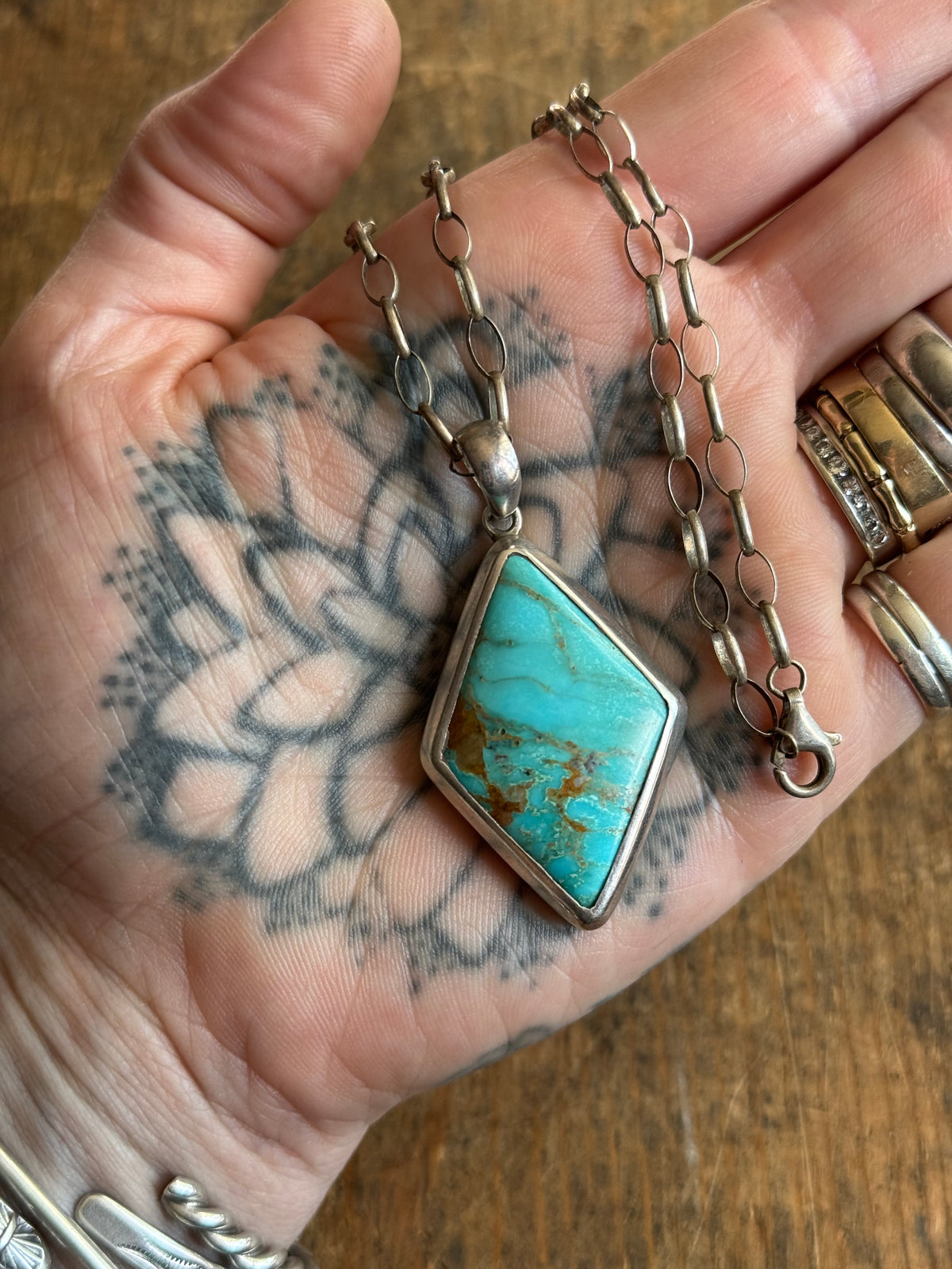 Vintage Sterling Silver Chunky Turquoise Diamond Necklace