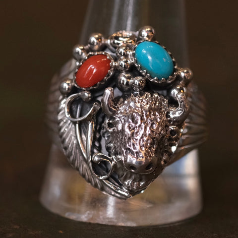 Vintage Sterling Turquoise and Coral Buffalo Ring 12.5