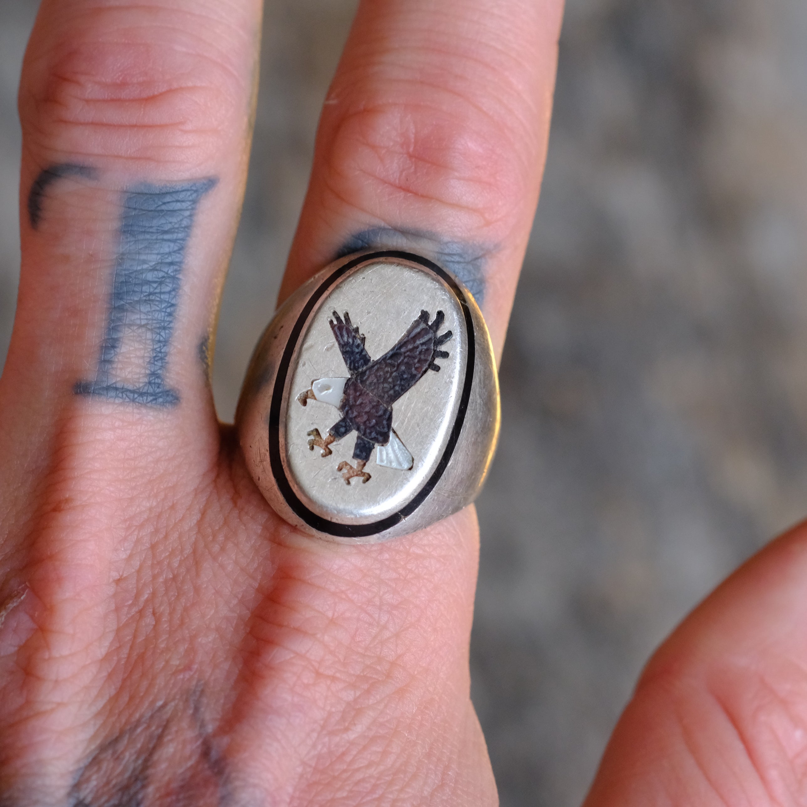 Vintage Sterling Eagle Inlay Ring 12.5