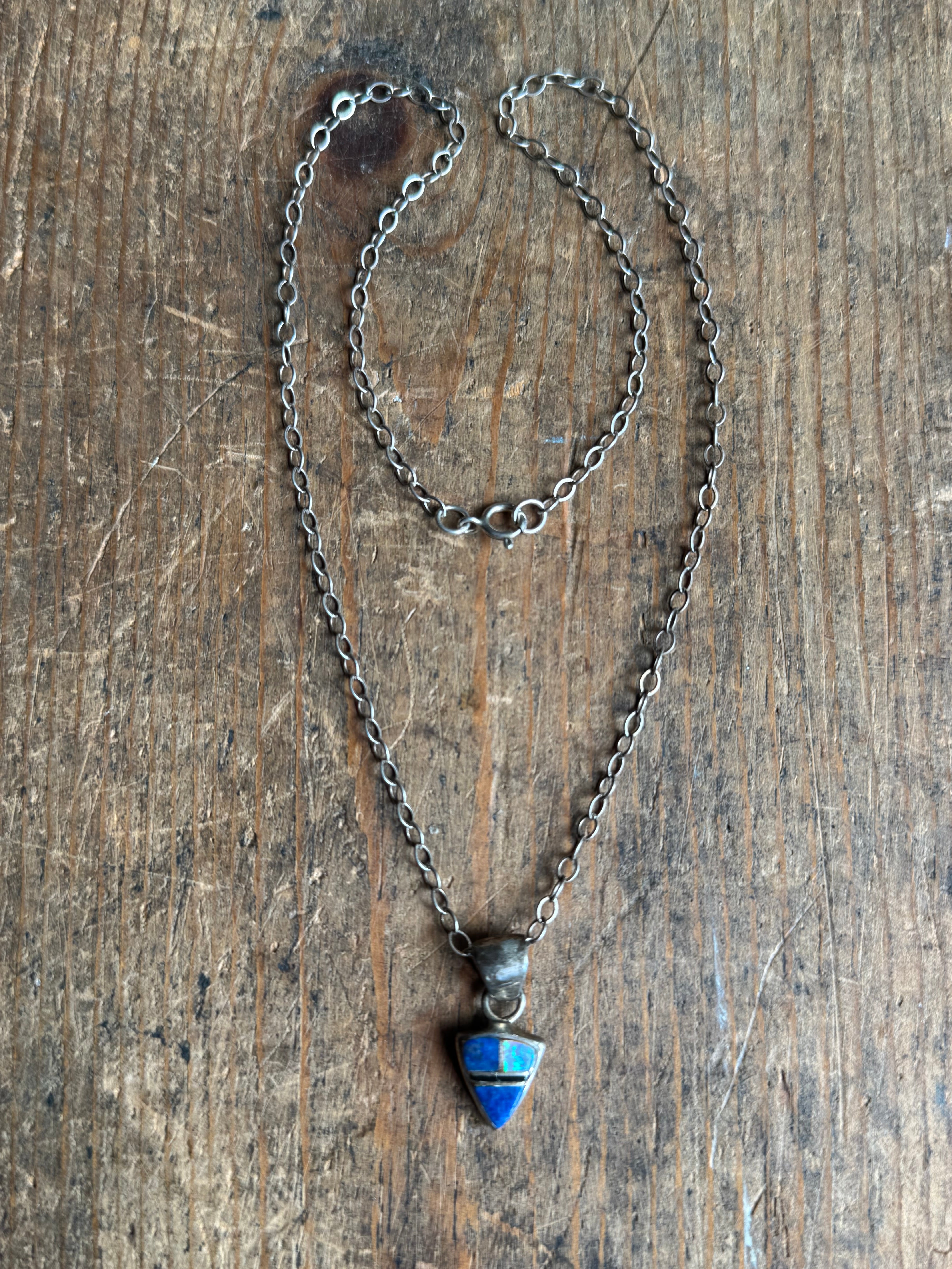 Vintage Sterling Silver Multistone Inlay Shield 18" Necklace