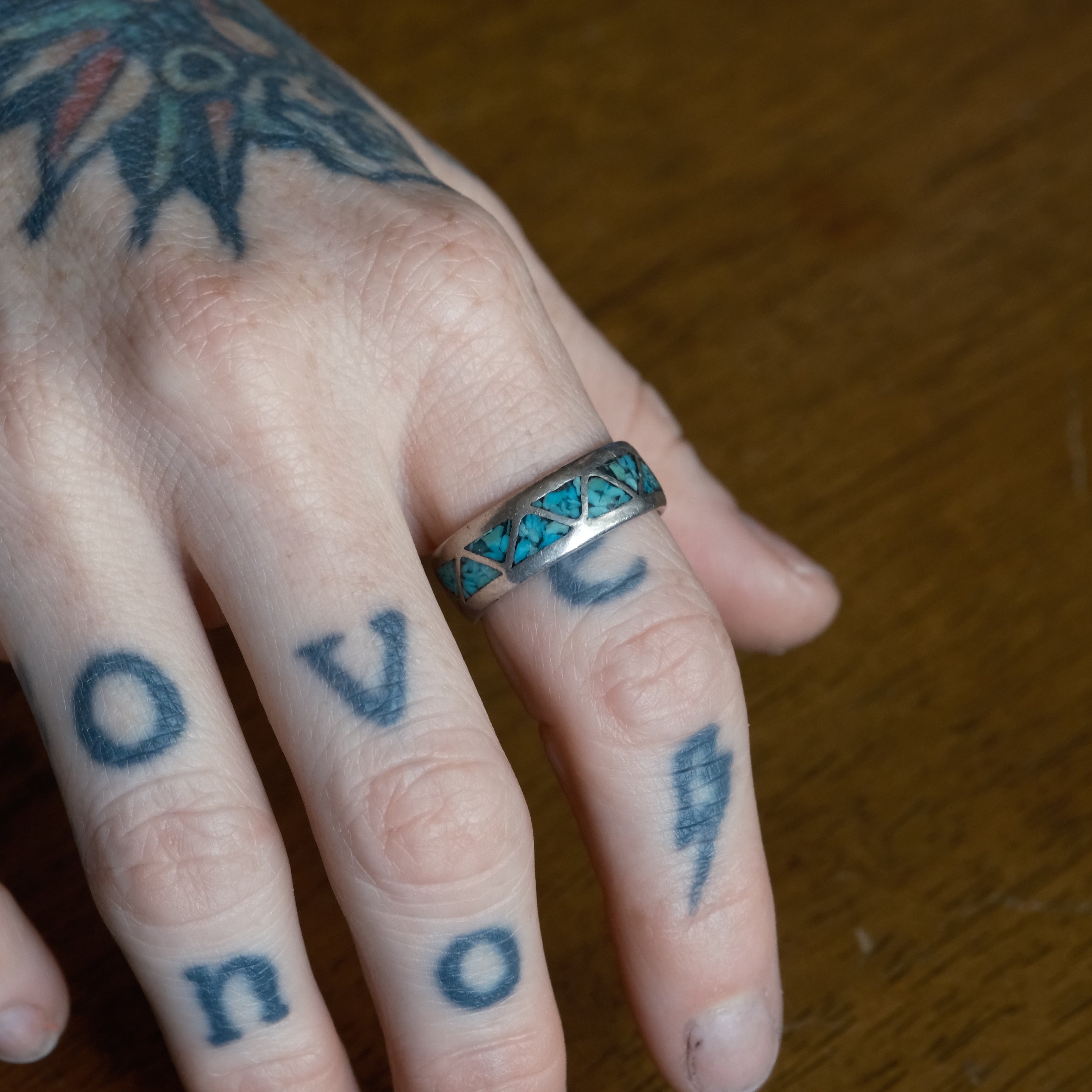 Vintage Sterling Turquoise Inlay Band Ring 9