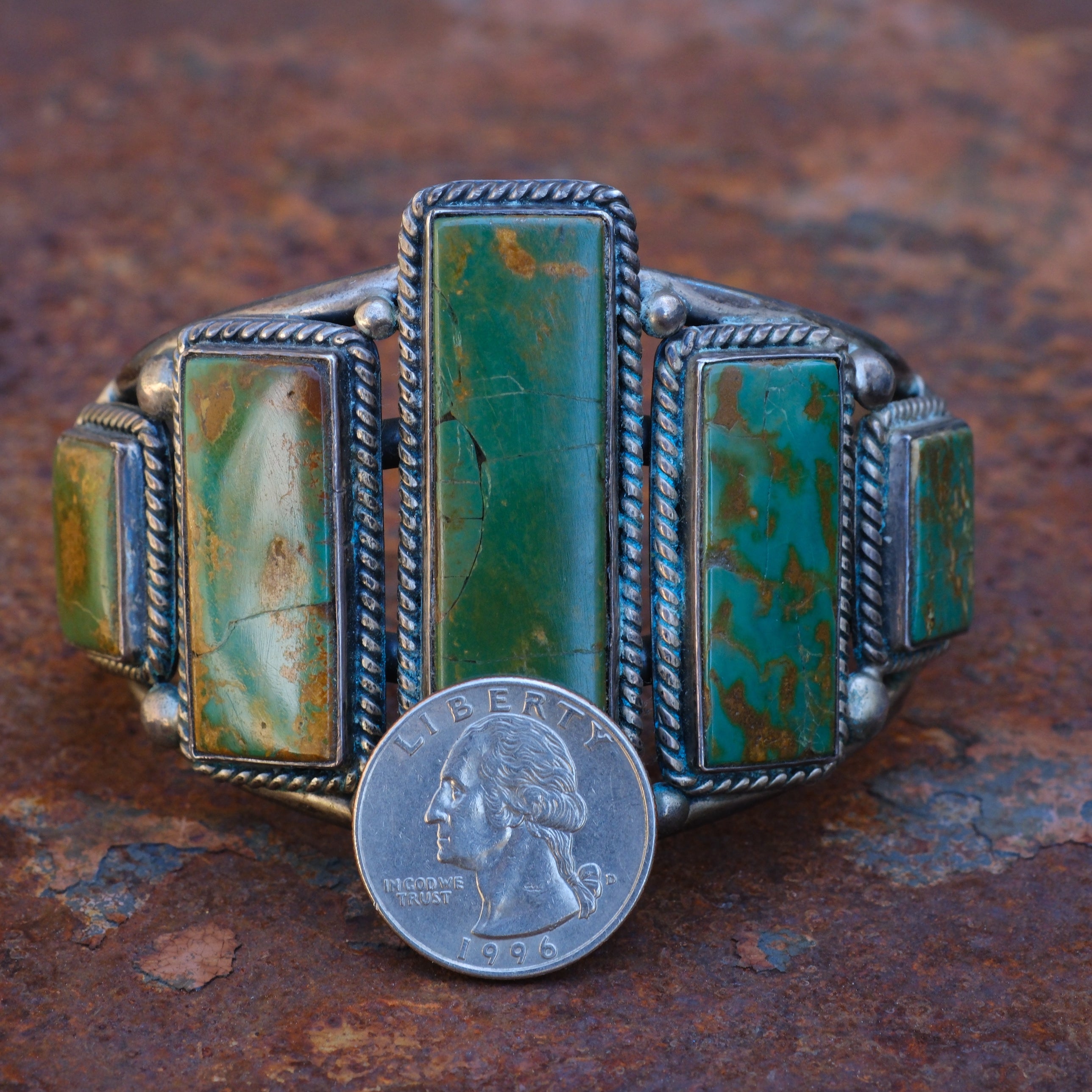 Massive Vintage Sterling 5-Stone Turquoise Roper Cuff Bracelet