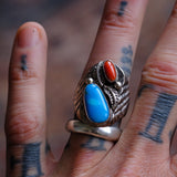 Vintage Sterling Turquoise and Coral Feather Ring 9.75