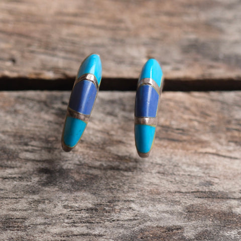 Vintage Sterling Turquoise and Lapis Hoop Earrings