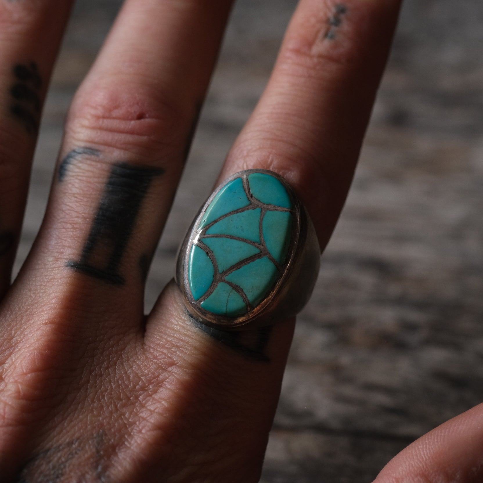 Vintage Sterling Turquoise Inlay Ring 9.5