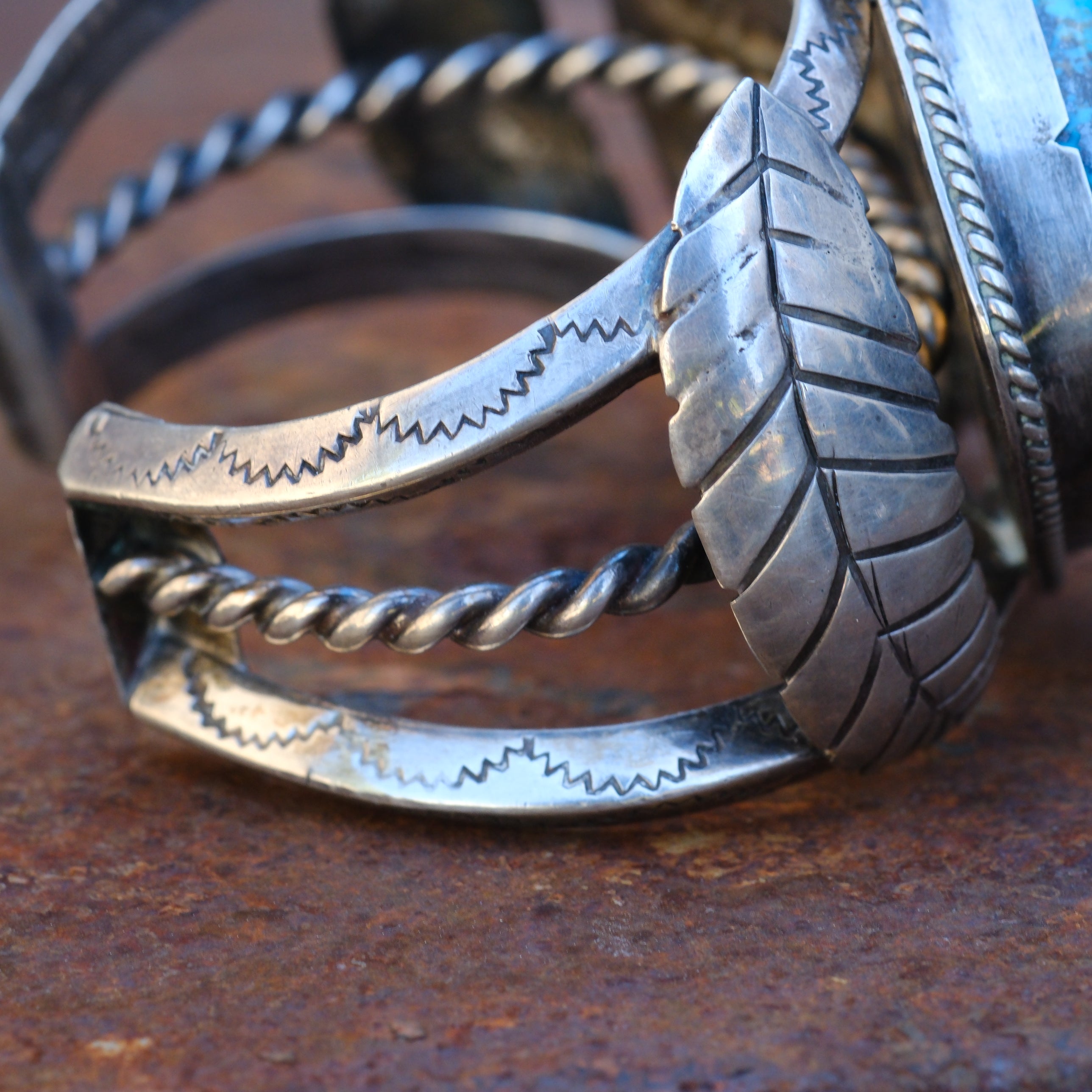 Massive Vintage Sterling 2-Stone Turquoise Stamped Feather Cuff Bracelet