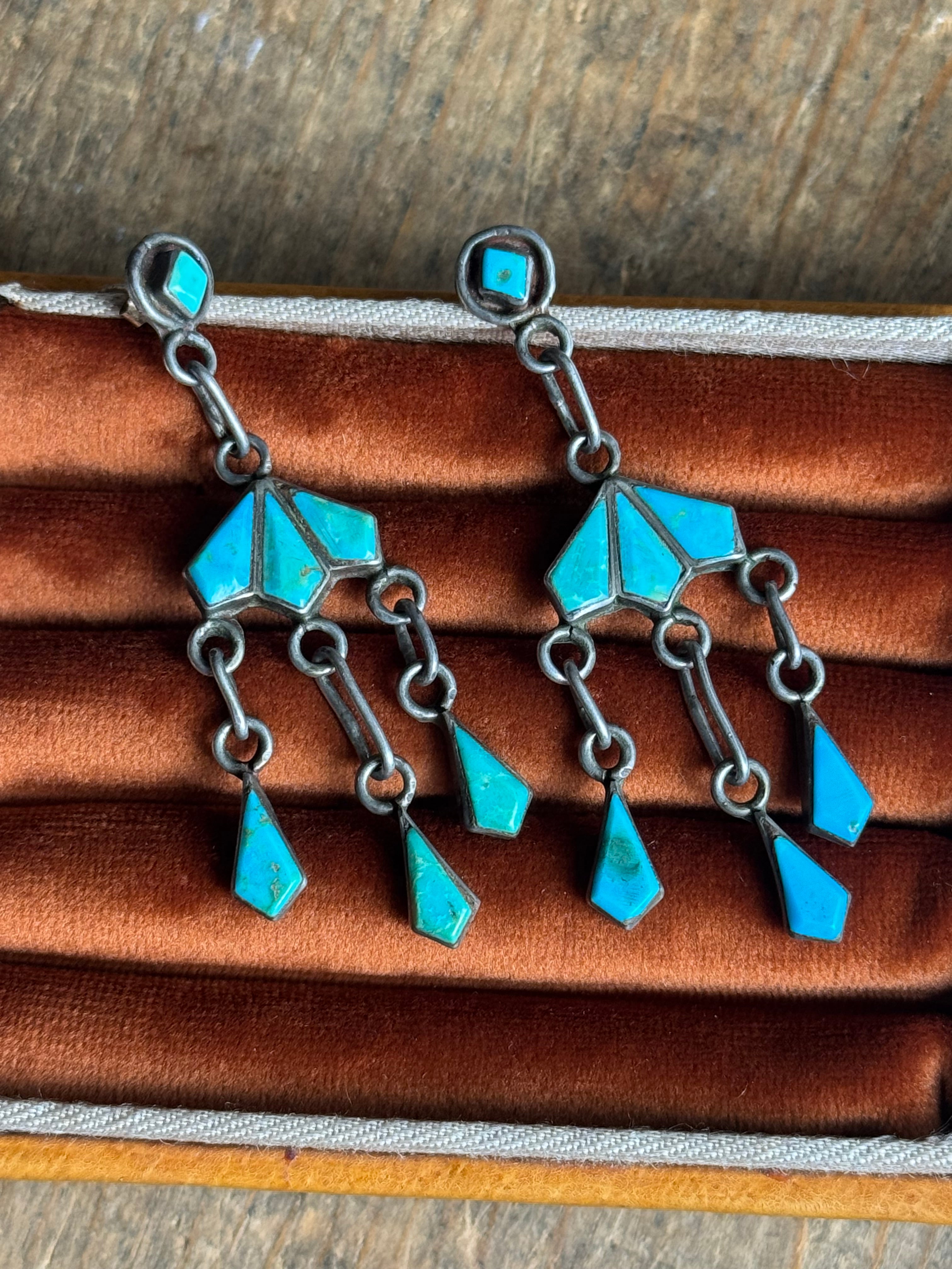 Vintage Sterling Silver Turquoise Chandelier Earrings