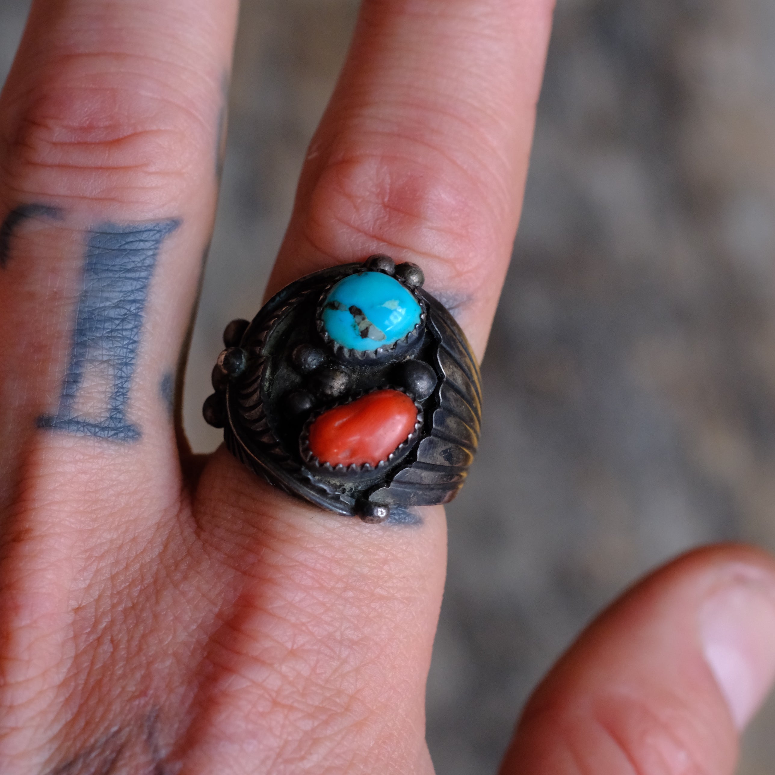 Vintage Sterling Turquoise and Coral Feather Ring 10