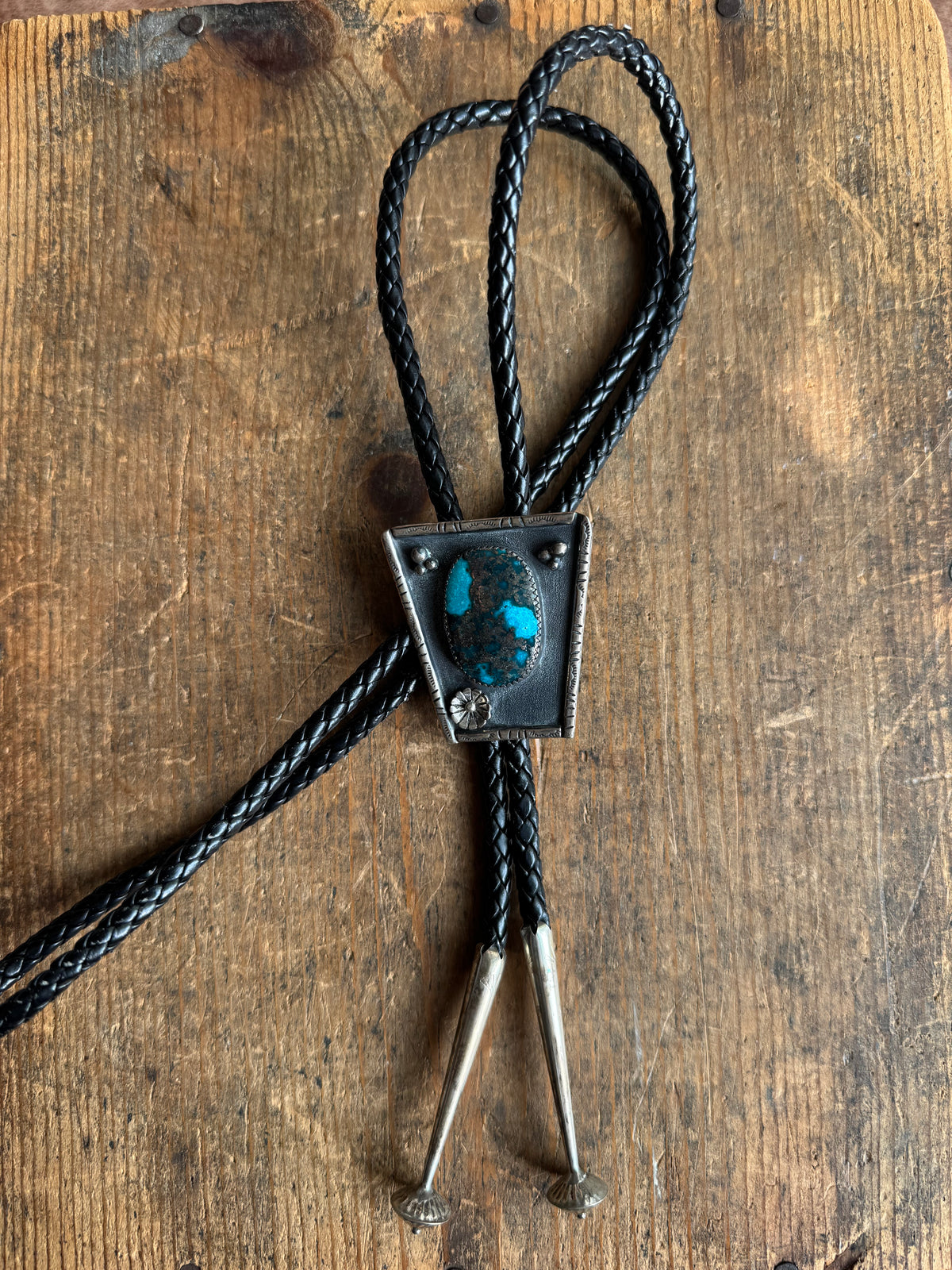 Vintage Sterling Silver Turquoise Flower Shield Bolo