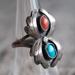 Vintage Sterling Turquoise and Coral Feather Ring 6.75