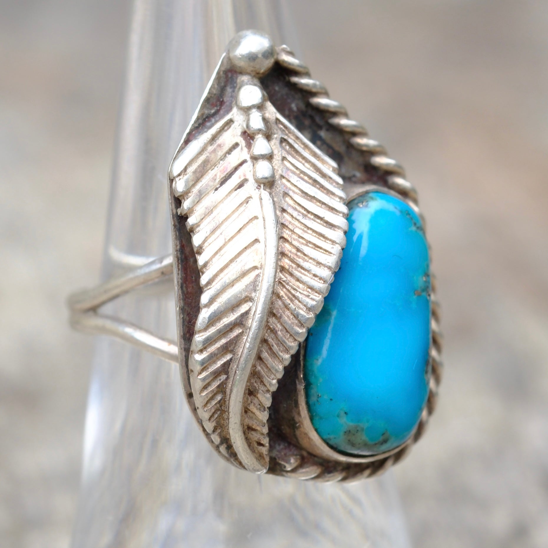 Vintage Sterling Turquoise Feather Ring 6.5