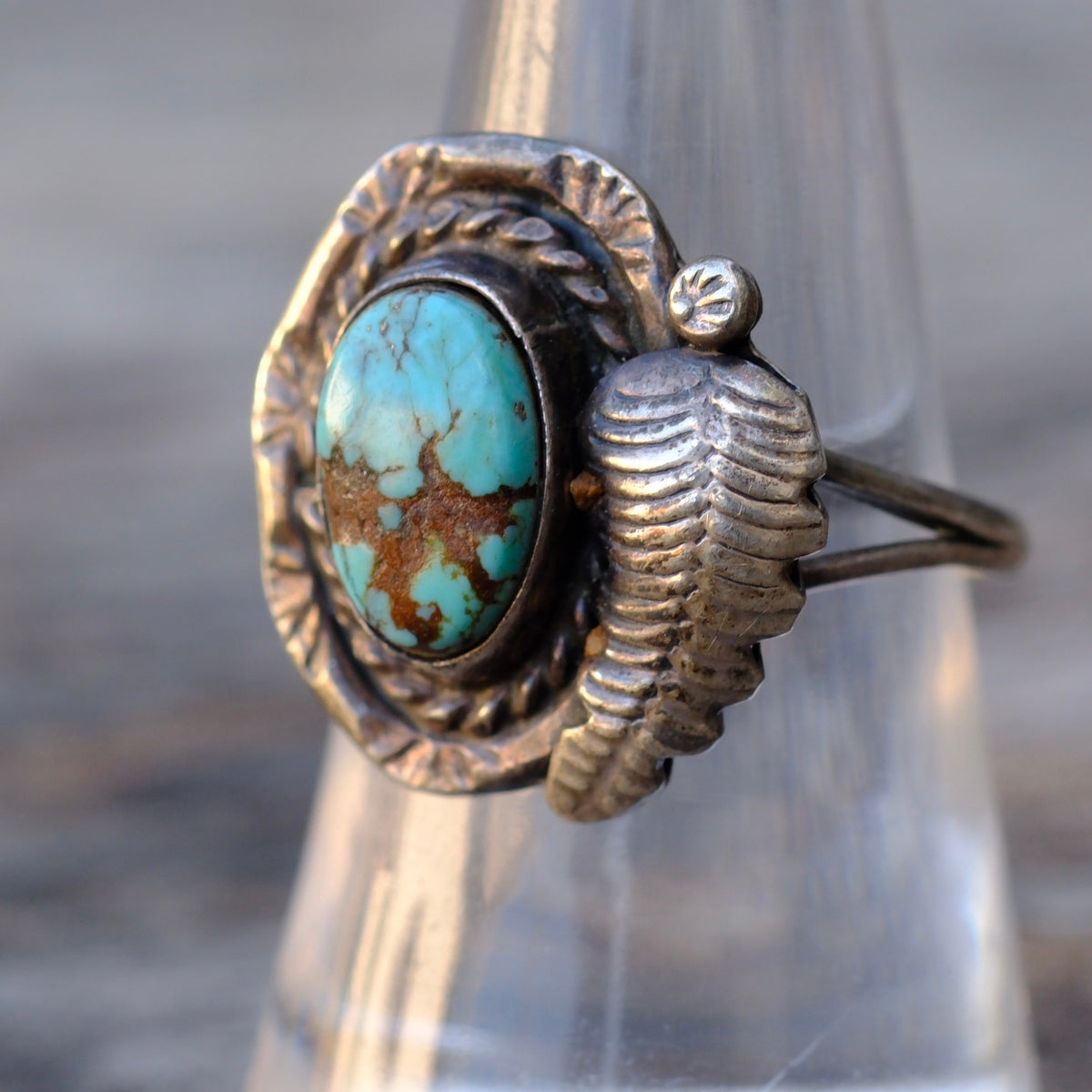 Vintage Sterling Turquoise Feather Ring 8