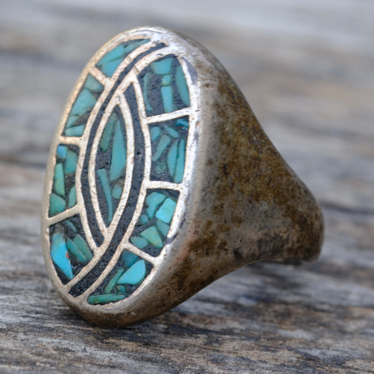 Vintage Sterling Turquoise Chip Inlay Hummingbird Ring 10.5