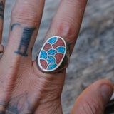 Vintage Sterling Crushed Turquoise and Coral Inlay Ring 9.75