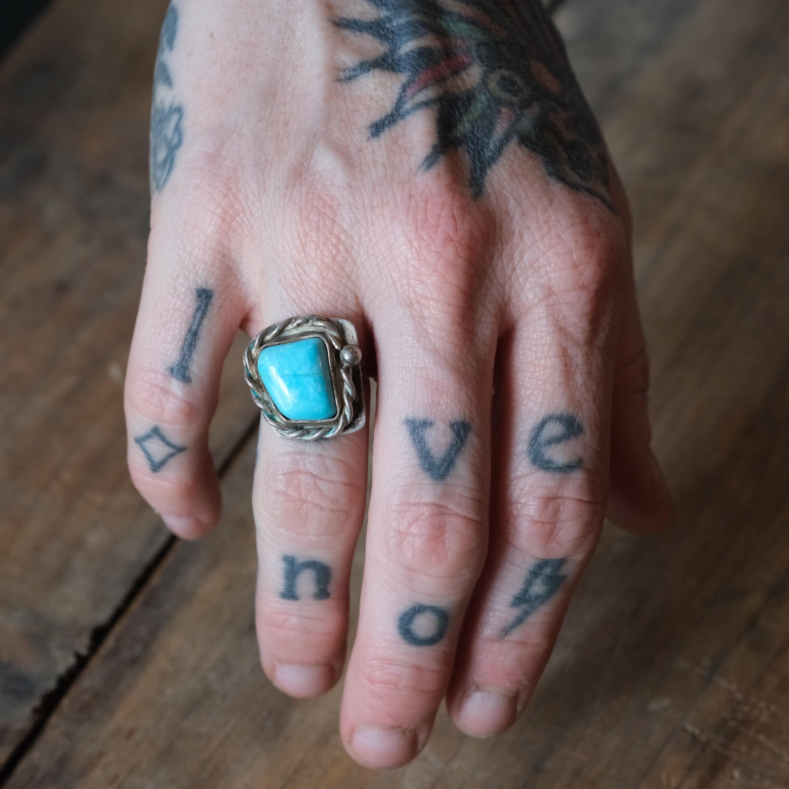 Vintage Sterling Turquoise Roper Ring 5.75