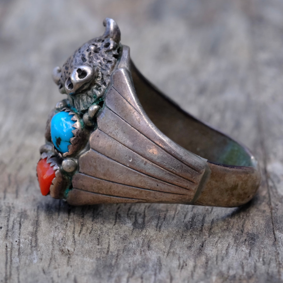 Vintage Sterling Turquoise and Coral Buffalo Ring 13.25