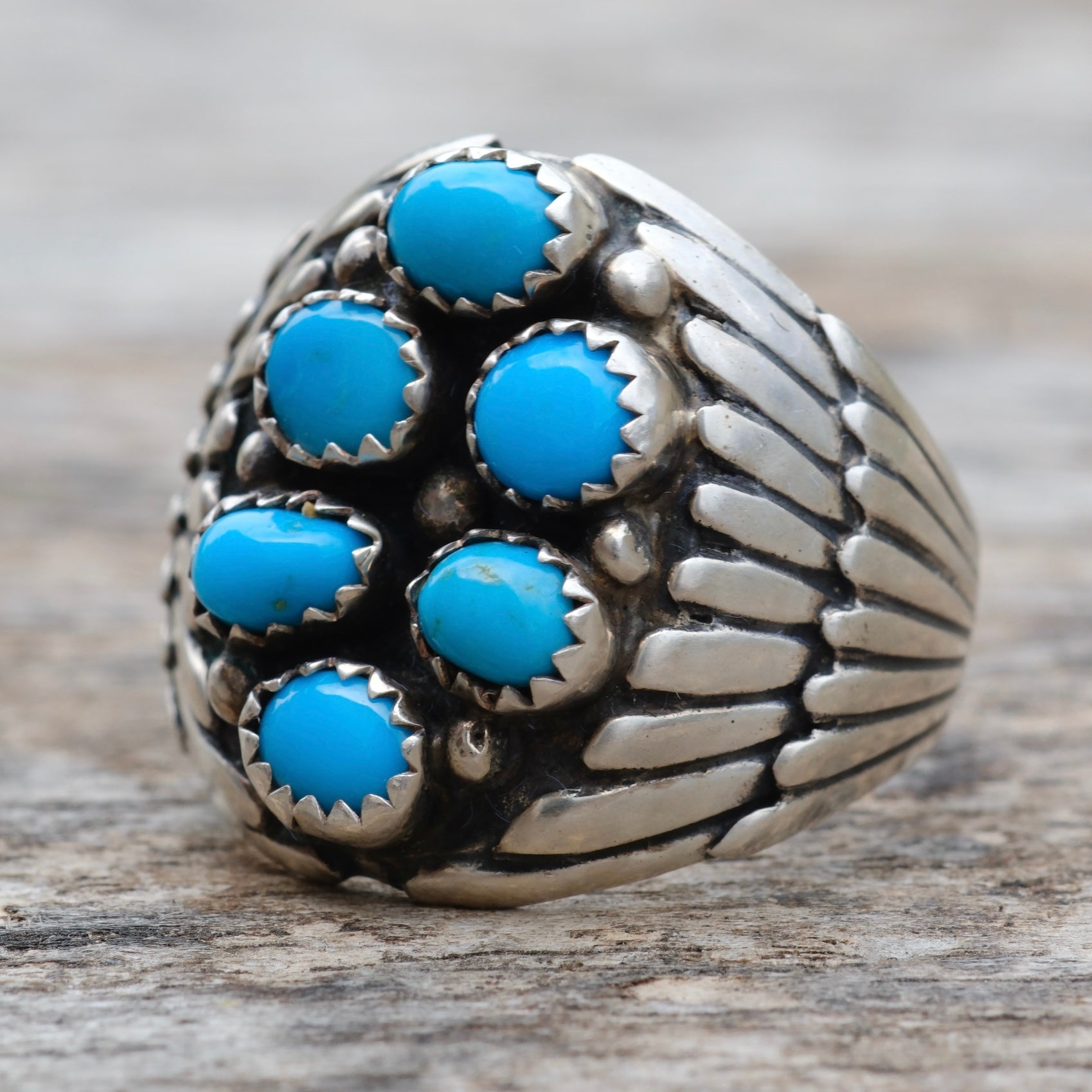 Vintage Sterling 6-Stone Turquoise Ribbed Band Ring 10.75