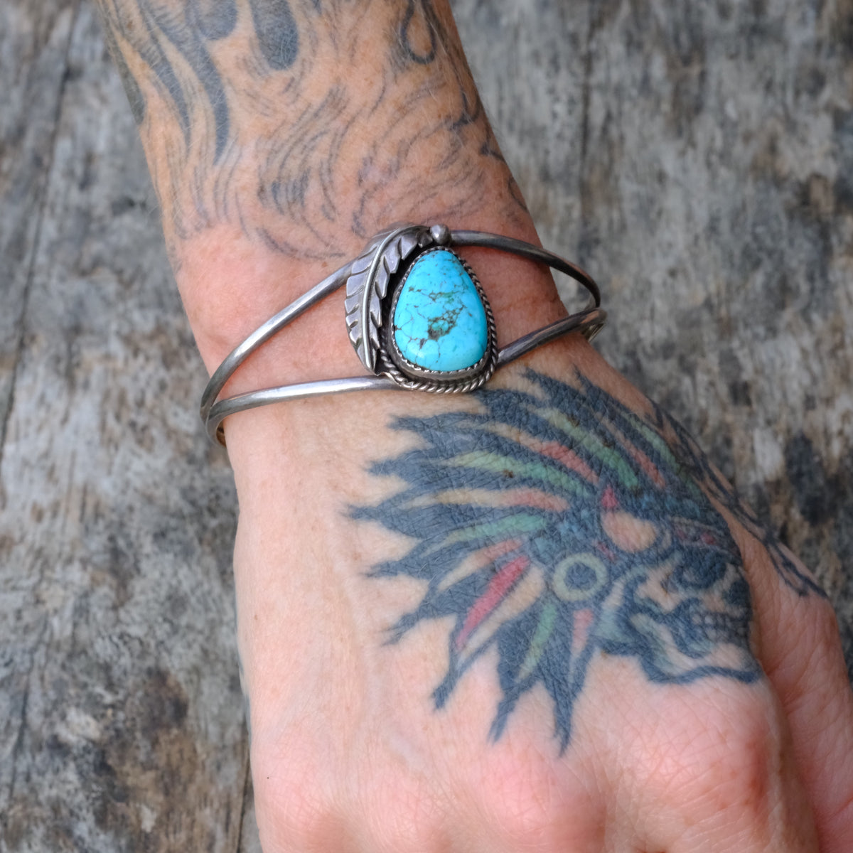 Vintage Sterling Turquoise Feather Cuff Bracelet