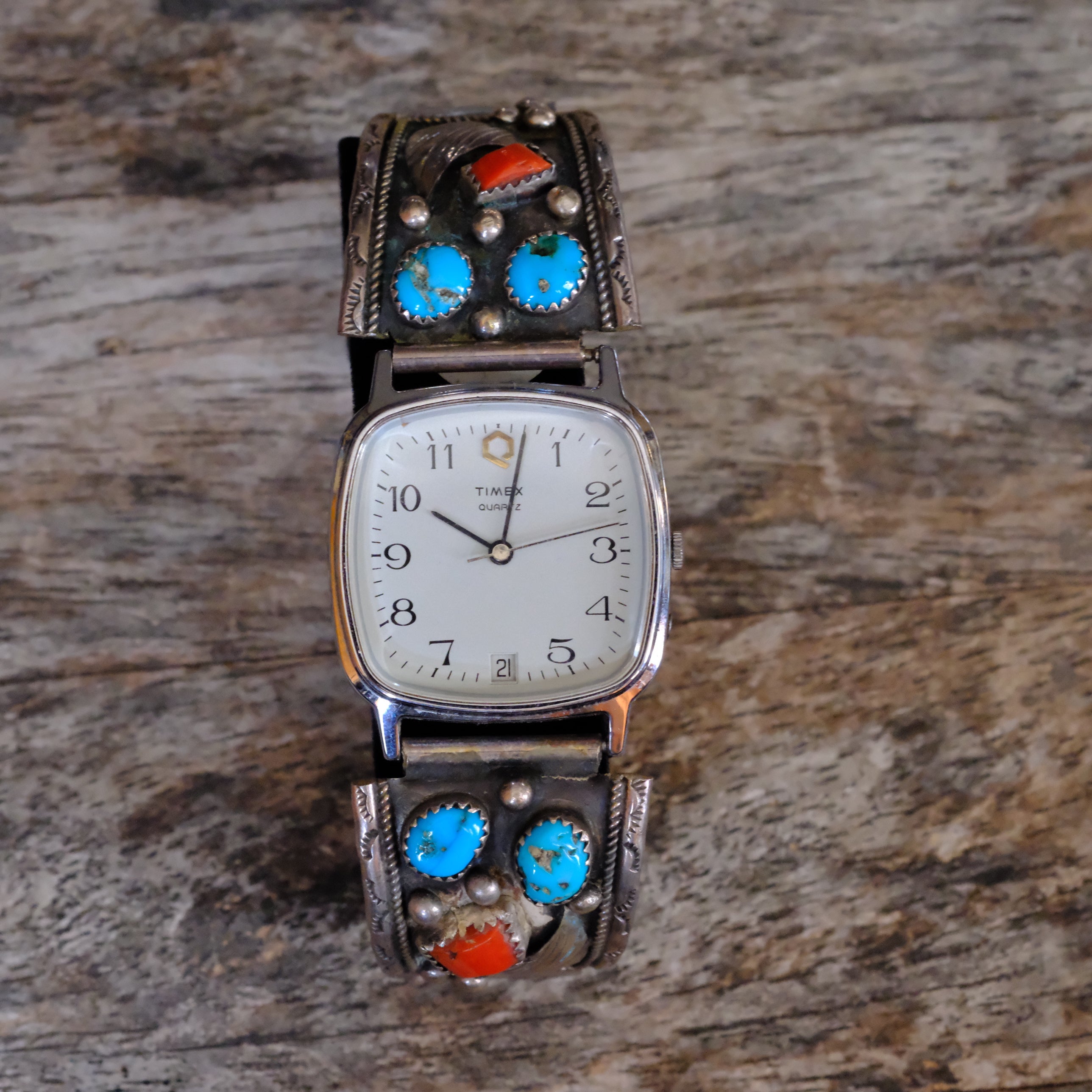 Vintage Sterling Turquoise and Coral Feather Watch
