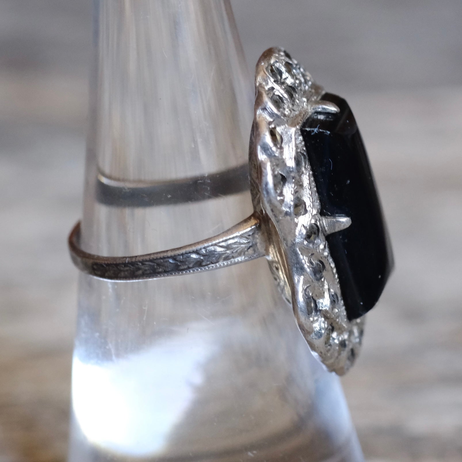 Vintage Sterling Onyx Marcasite Ring 6.75