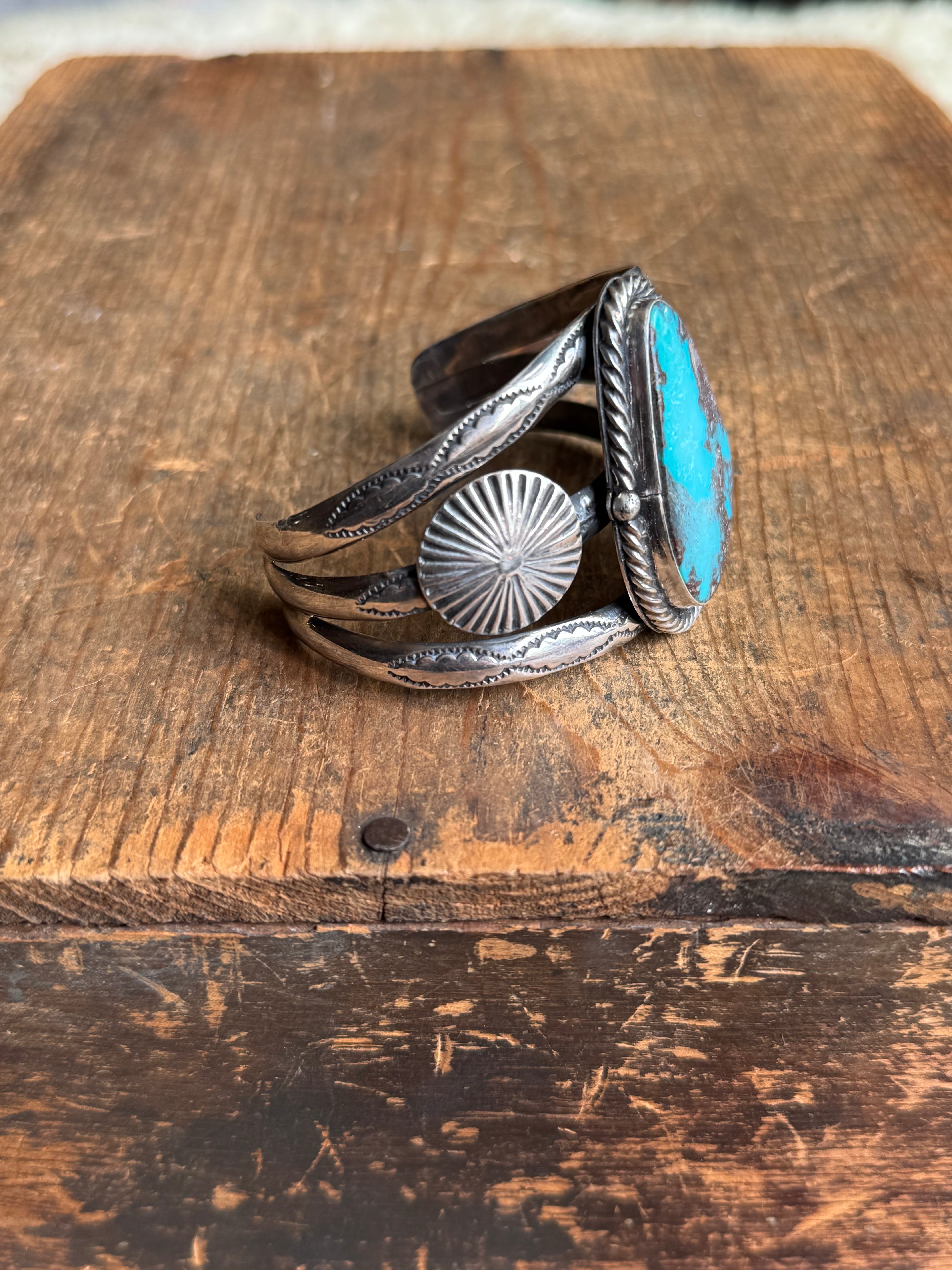 Vintage Sterling Silver Stamped Turquoise Sun Coin Cuff
