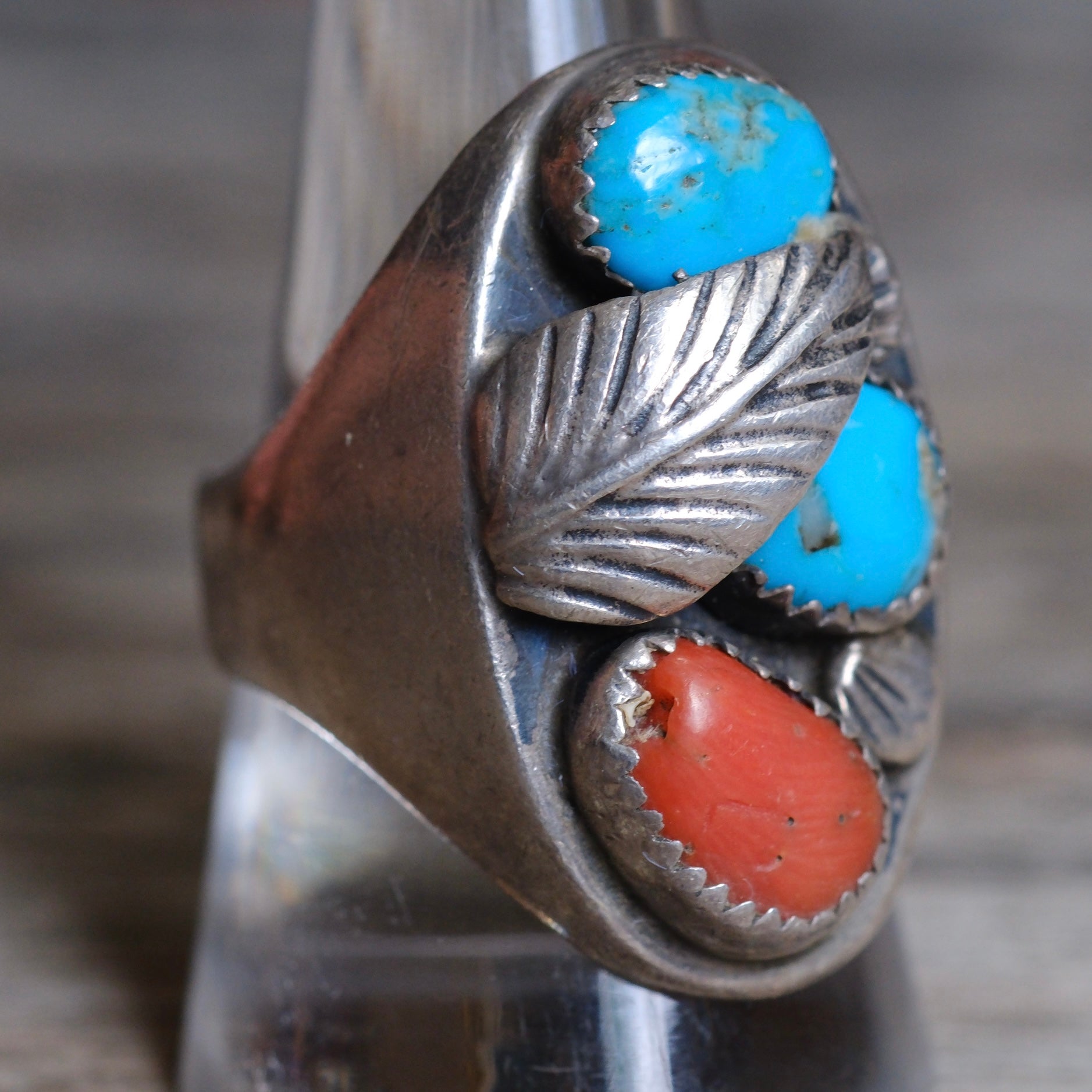 Vintage Sterling Turquoise and Coral Feather Ring 9.5