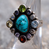 Vintage Sterling Turquoise and Gemstone Cluster Ring 6.25