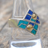 Vintage Sterling Turquoise and Lapis Inlay Ring 9.75