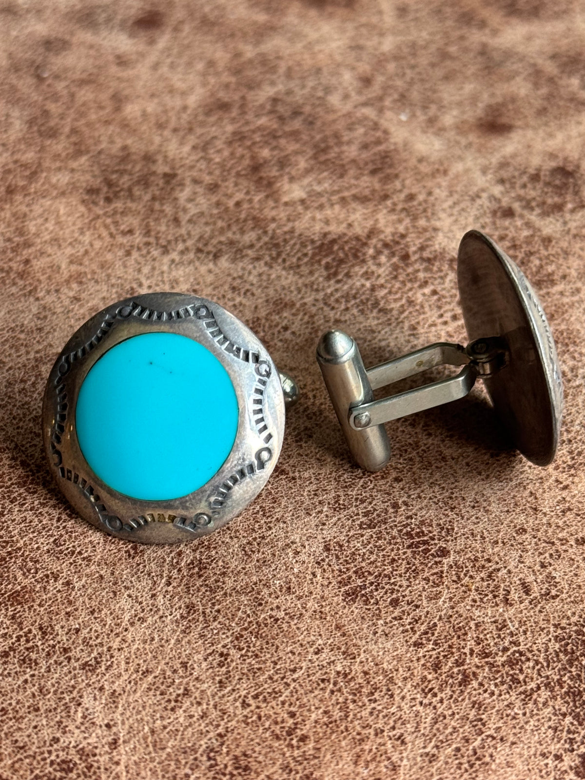 Vintage Sterling Silver Stamped Turquoise Inlay Concho Cufflinks