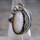 Vintage Sterling Mother Of Pearl Feather Ring 5.5
