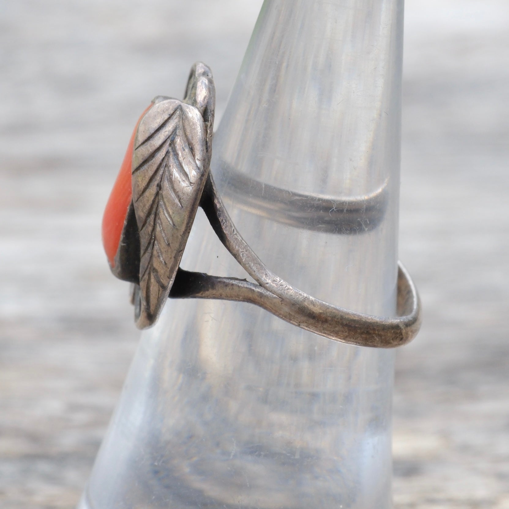 Vintage Sterling Coral Feather Ring 6.5