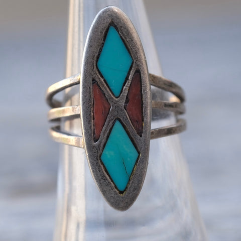Vintage Sterling Turquoise and Coral Inlay Ring 6.75