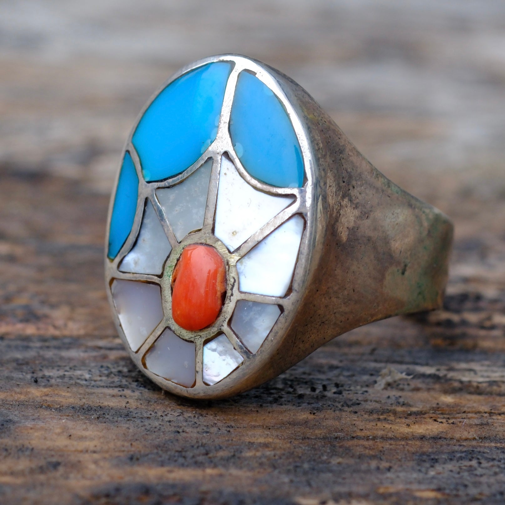 Vintage Sterling Turquoise MOP and Coral Inlay Spiderweb Ring 9.75
