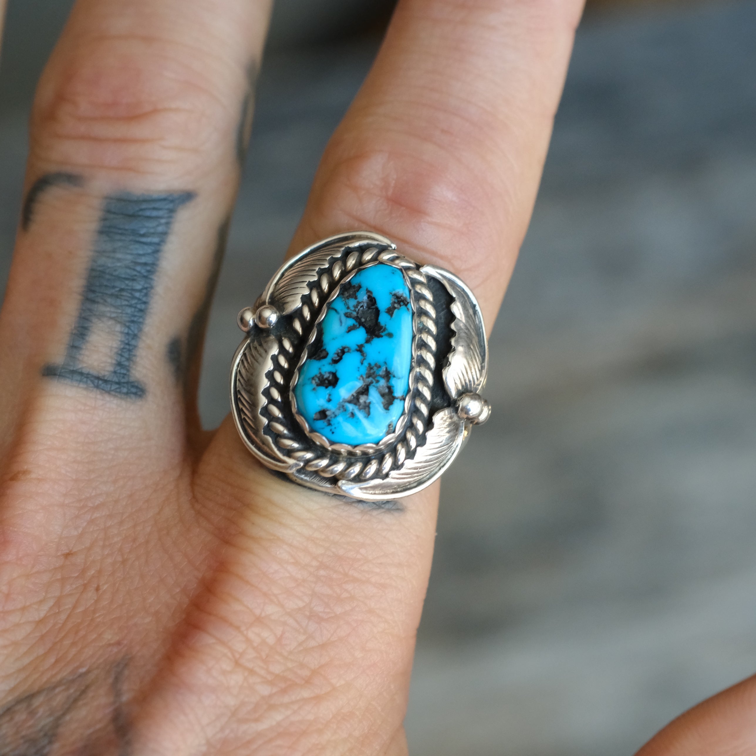 Vintage Sterling Turquoise Feather Ring 9.75