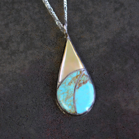 Vintage Sterling Turquoise and Mother Of Pearl Inlay Necklace
