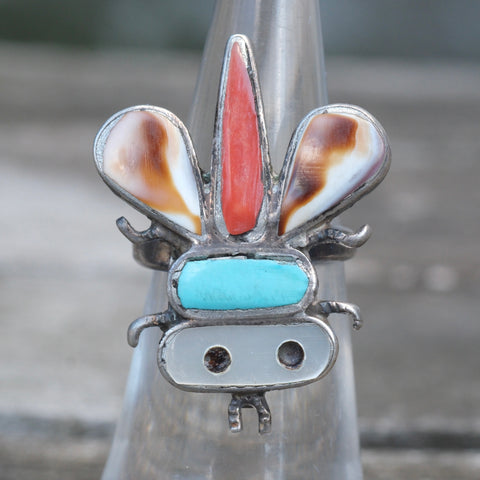 OLDER Vintage Sterling Multistone Inlay Bug Ring 5.25