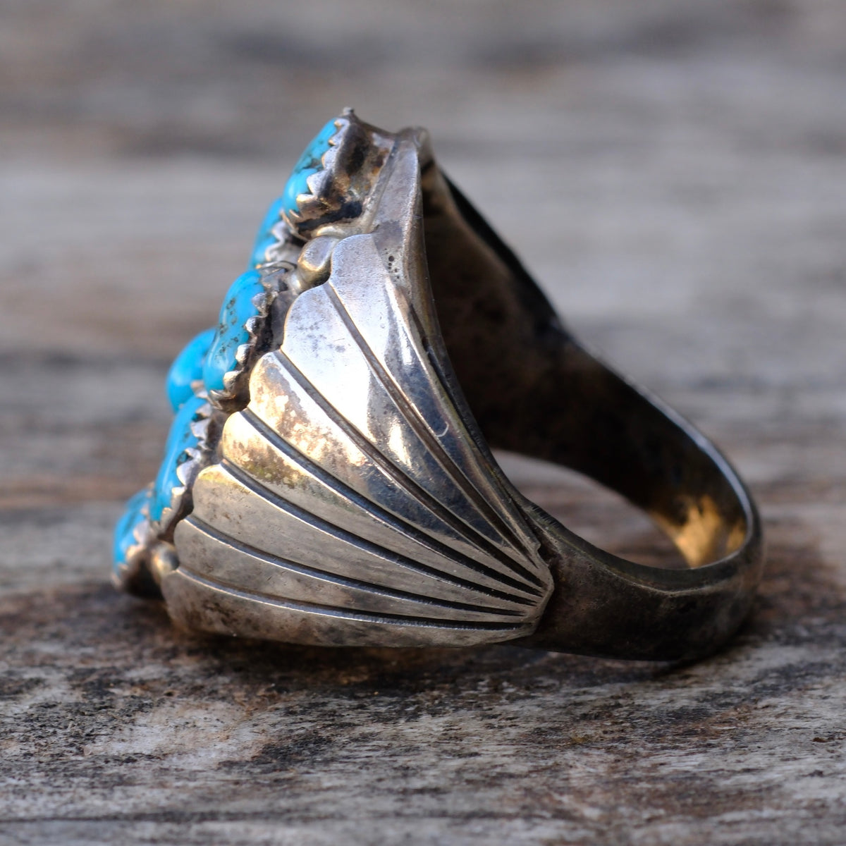 VintageSterling Turquoise Cluster Ribbed Band Ring 11