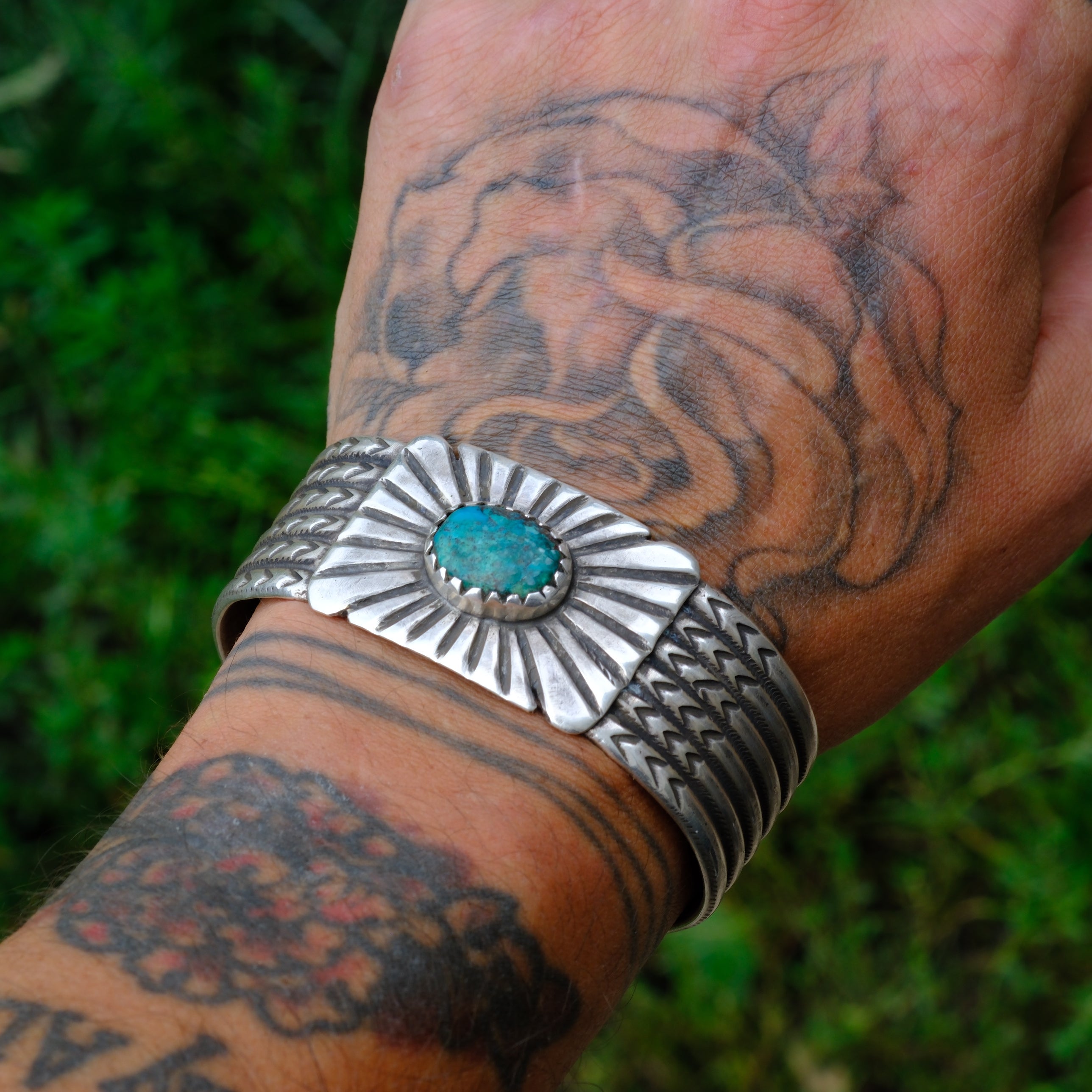 Heavy Sterling Silver Ingot Turquoise Cuff Bracelet