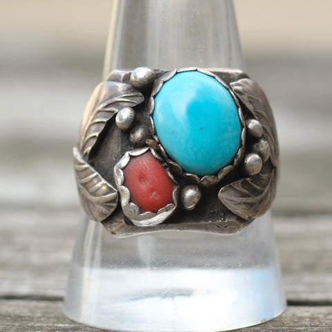 Vintage Sterling Turquoise and Coral Feather Ring 11