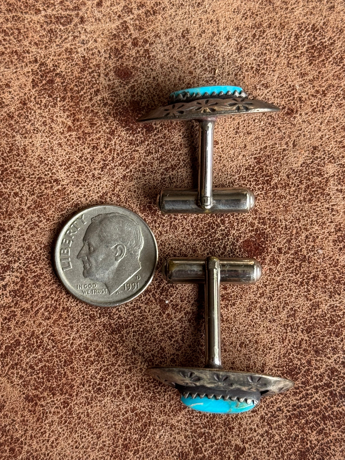 Vintage Sterling Silver Stamped Turquoise Shadowbox Cufflinks