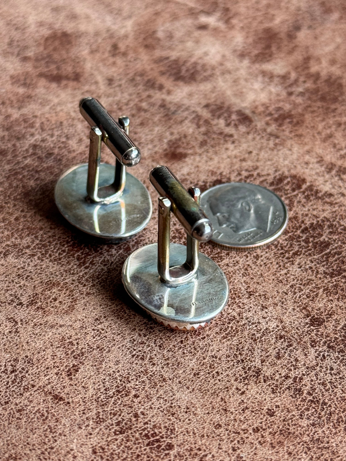 Vintage Sterling Silver Multistone Inlay Framed Cufflinks