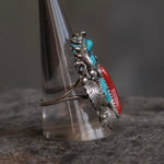 Vintage Sterling Turquoise And Coral Feather Ring 11