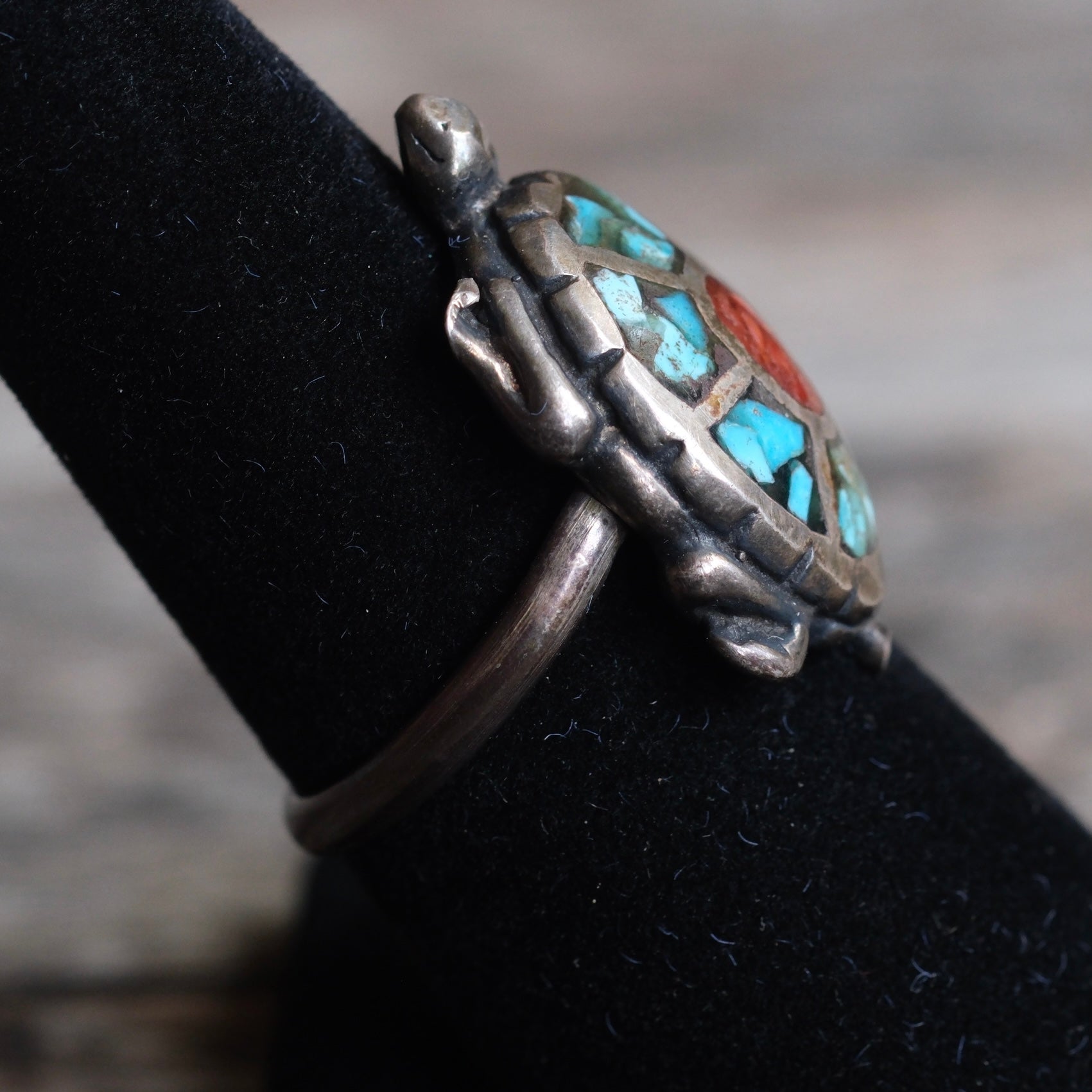 Vintage Sterling Turquoise and Coral Inlay Turtle Ring 7.25