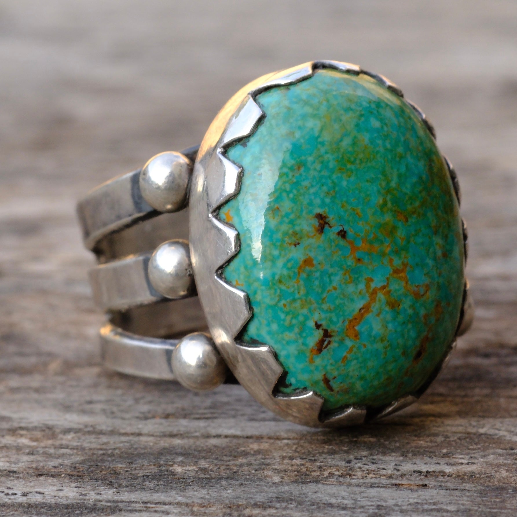 Heavy Sterling Silver Stamped Band Turquoise Ring 10