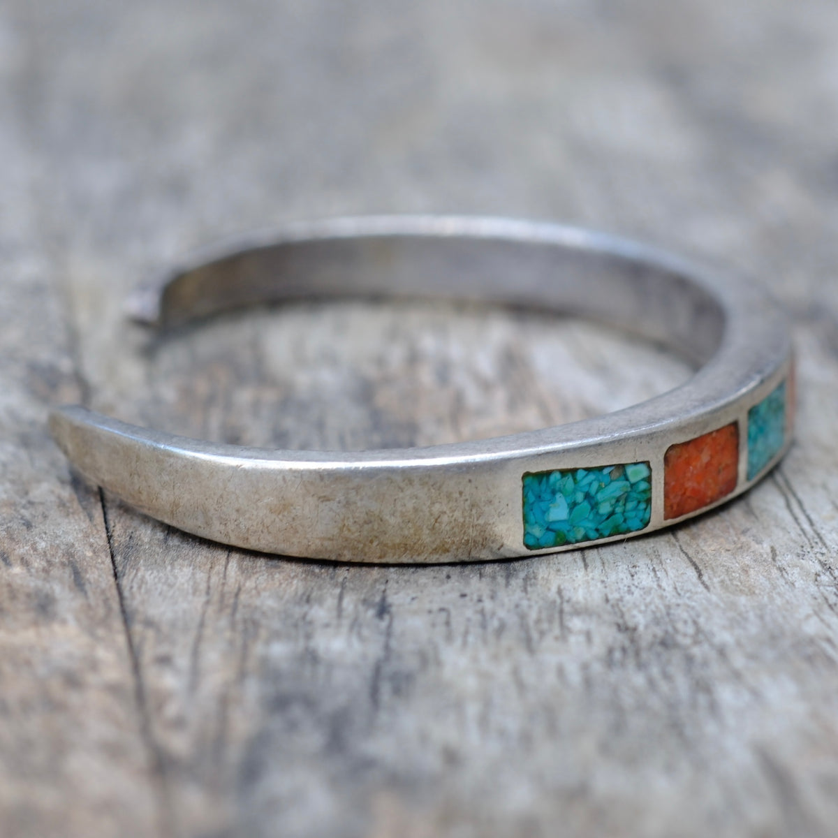Vintage Sterling Crushed Turquoise and Coral Cuff Bracelet