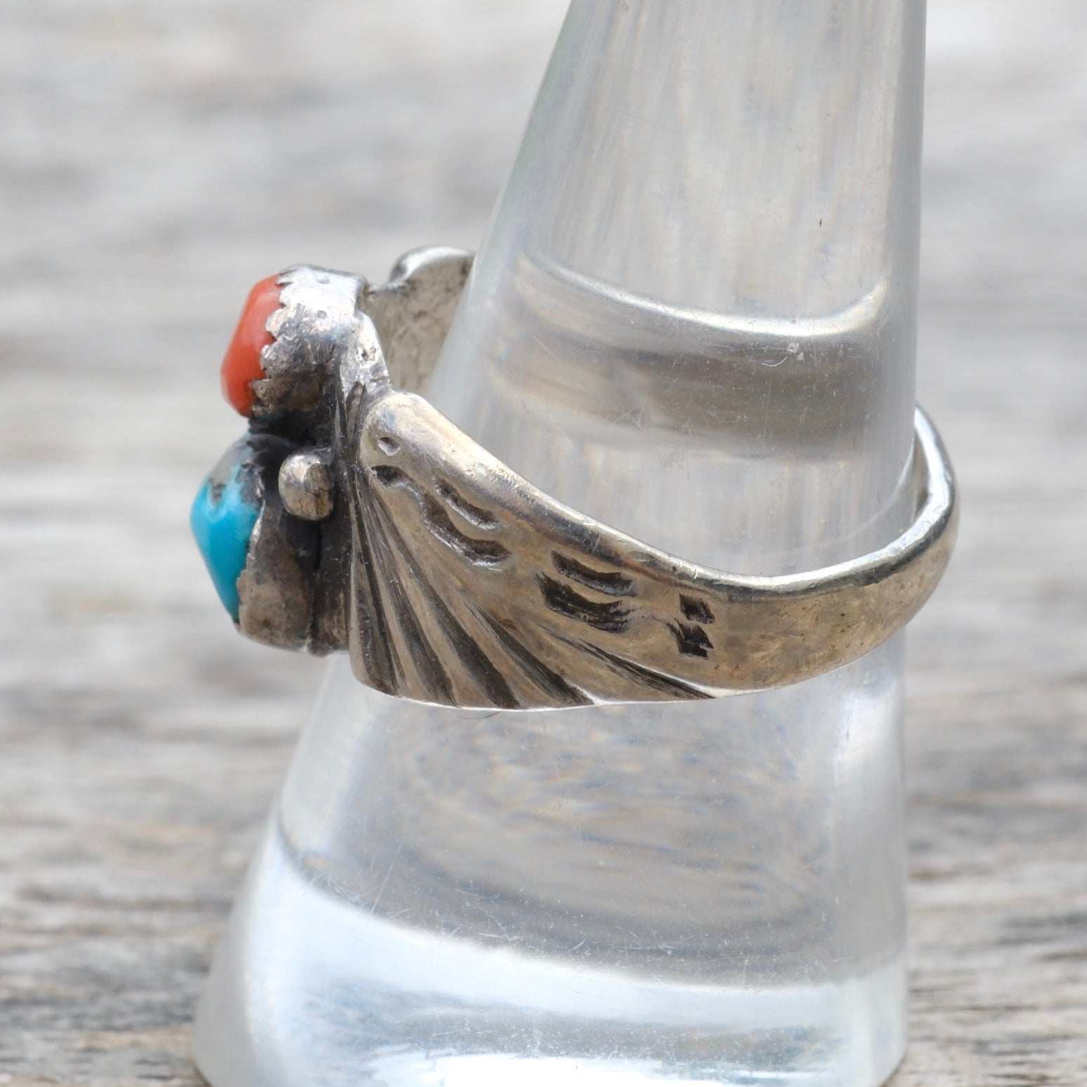 Vintage Sterling Turquoise and Coral Stamped Band Ring 8.75