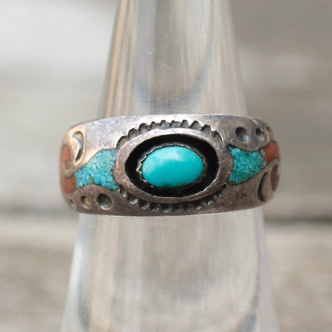 Vintage Sterling Turquoise and Coral Inlay Band 6