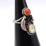 Vintage Sterling Mother OF Pearl and Coral Feather Ring 3.75