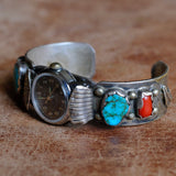 Vintage Sterling Turquoise and Coral Watch Cuff Bracelet